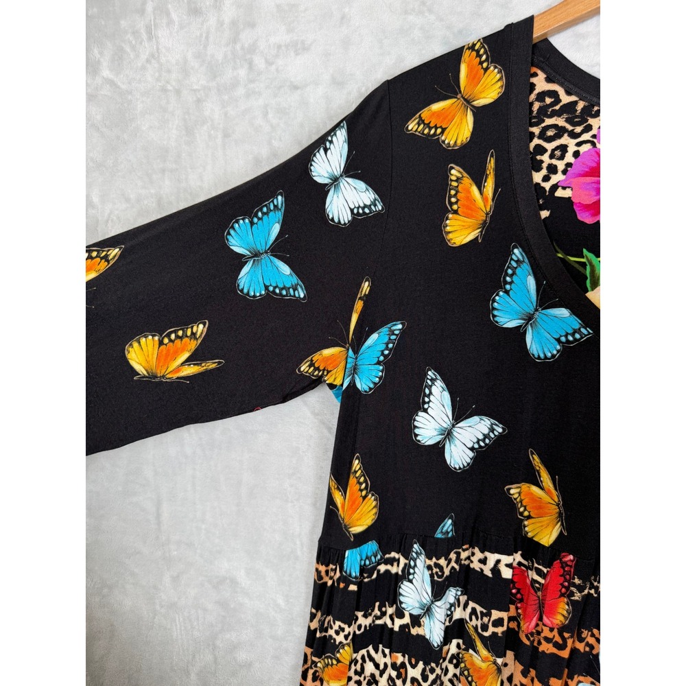 New Johnny Was Sandra 3/4 Sleeve Tiered Dress XL Black Butterfly Floral Leopard - Picture 8 of 13